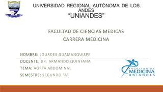 UNIVERSIDAD REGIONAL AUTÓNOMA DE LOS
ANDES
“UNIANDES”
FACULTAD DE CIENCIAS MEDICAS
CARRERA MEDICINA
NOMBRE: LOURDES GUAMANQUISPE
DOCENTE: DR. ARMANDO QUINTANA
TEMA: AORTA ABDOMINAL
SEMESTRE: SEGUNDO “A”
 