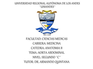 UNIVERSIDAD REGIONAL AUTÓNOMA DE LOS ANDES
´´UNIANDES´´
FACULTAD: CIENCIAS MEDICAS
CARRERA: MEDICINA
CATEDRA: ANATOMIA II
TEMA: AORTA ABDOMINAL
NIVEL: SEGUNDO ´´C´´
TUTOR: DR. ARMANDO QUINTANA
 