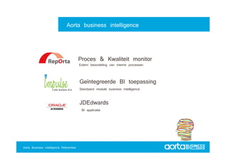 Aorta business intelligence


                                             Proces & Kwaliteit monitor
                                             Extern beoordeling van interne processen


                                             Geïntegreerde BI toepassing
                                             Gït        d     t      i
                                             Standaard module business intelligence

                                             JDEdwards
                                              BI applicatie




Aorta Business Intelligence 2.0
Aorta Business Intelligence 2.0Referenties
 Aorta Business Intelligence
 