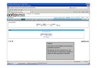 Tabblad:
Overzicht van een tabblad met de daarop
geplaatste rapporten.
Met behulp van een prompt kan er ook
worden gezocht op dashboard, tabblad of
rapport en elke gewenste combinatie.
 