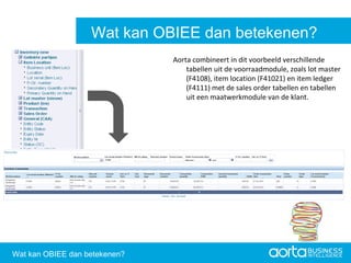 Aorta combineert in dit voorbeeld verschillende tabellen uit de voorraadmodule, zoals lot master (F4108), item location (F41021) en item ledger (F4111) met de sales order tabellen en tabellen uit een maatwerkmodule van de klant. Aorta Business Intelligence 2.0 Aorta Business Intelligence 2.0 Wat kan OBIEE dan betekenen? Wat kan OBIEE dan betekenen? 