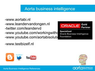 www.aortabi.nl -www.leandervandongen.nl - twitter.com/leandervd -www.youtube.com/workingwithobiee -www.youtube.com/aortabisolutions www.testbizelf.nl Aorta Business Intelligence References Aorta Business Intelligence 2.0 Aorta Business Intelligence 2.0 Aorta business intelligence Aorta Business Intelligence References 