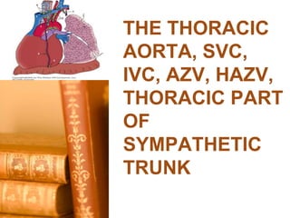 1
Thoracic Aorta
THE THORACIC
AORTA, SVC,
IVC, AZV, HAZV,
THORACIC PART
OF
SYMPATHETIC
TRUNK
 
