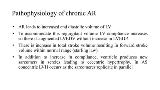 Pathophysiology of chronic AR
• AR leads to increased end diastolic volume of LV
• To accommodate this regurgitant volume LV compliance increases
so there is augmented LVEDV without increase in LVEDP.
• There is increase in total stroke volume resulting in forward stroke
volume within normal range (starling law)
• In addition to increase in compliance, ventricle produces new
sarcomers in sereies leading to eccentric hypertrophy. In AS
concentric LVH occurs as the sarcomeres replicate in parallel
 