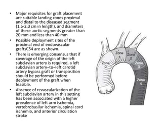 • Major requisites for graft placement
are suitable landing zones proximal
and distal to the diseased segment
(1.5-2.0 cm in length), and diameters
of these aortic segments greater than
20 mm and less than 40 mm
• Possible deployment sites of the
proximal end of endovascular
graftsC54 are as shown.
• There is emerging consensus that if
coverage of the origin of the left
subclavian artery is required, a left
subclavian artery–to–left carotid
artery bypass graft or transposition
should be performed before
deployment of the graft when
feasible.
• Absence of revascularization of the
left subclavian artery in this setting
has been associated with a higher
prevalence of left arm ischemia,
vertebrobasilar ischemia, spinal cord
ischemia, and anterior circulation
stroke
 