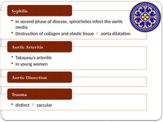 • In second phase of disease, spirochetes infect the aortic
media
• Destruction of collagen and elastic tissue  aorta dilatation
Syphilis
• Takayasu’s arteritis
• In young women
Aortic Arteritis
Aortic Dissection
• distinct  saccular
Trauma
 