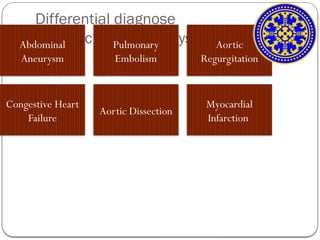 Differential diagnose
Thoracic Aortic Aneurysm
Abdominal
Aneurysm
Pulmonary
Embolism
Aortic
Regurgitation
Congestive Heart
Failure
Aortic Dissection
Myocardial
Infarction
 