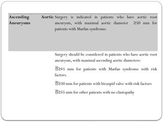 Ascending Aortic
Aneurysms
Surgery is indicated in patients who have aortic root
aneurysm, with maximal aortic diameter ≥50 mm for
patients with Marfan syndrome.
Surgery should be considered in patients who have aortic root
aneurysm, with maximal ascending aortic diameters:
≥45 mm for patients with Marfan syndrome with risk
factors.
≥50 mm for patients with bicuspid valve with risk factors
≥55 mm for other patients with no elastopathy
 
