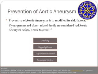 Prevention of Aortic Aneurysm
• Preventive ofAortic Aneurysm is to modified its risk factors.
If your parents and close - related family are considered had Aortic
Aneurysm before, it wise to avoid:1,2
Smoking
Hyperlipidemia
Hypertension control
Sedentary lifestyle
References
1. Sakalihasan N, Limet R, Dewafe OD.Abdominal AorticAneurysm. Journal of Lancet.Vol 365; 2005.Accessed from www.thelancet.com (17 April 2015)
2. Fauci AS, et al. Harrison’s Principles of Internal Medicine. 17th
ed. McGraw-Hills Companies; United States ofAmerica, 2008.
 