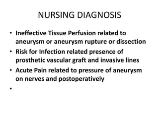 NURSING DIAGNOSIS
• Ineffective Tissue Perfusion related to
  aneurysm or aneurysm rupture or dissection
• Risk for Infection related presence of
  prosthetic vascular graft and invasive lines
• Acute Pain related to pressure of aneurysm
  on nerves and postoperatively
•
 