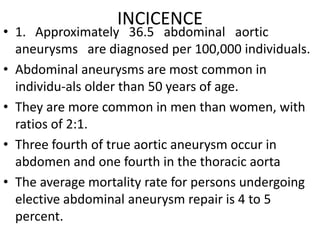 INCICENCE
• 1. Approximately 36.5 abdominal aortic
  aneurysms are diagnosed per 100,000 individuals.
• Abdominal aneurysms are most common in
  individu-als older than 50 years of age.
• They are more common in men than women, with
  ratios of 2:1.
• Three fourth of true aortic aneurysm occur in
  abdomen and one fourth in the thoracic aorta
• The average mortality rate for persons undergoing
  elective abdominal aneurysm repair is 4 to 5
  percent.
 