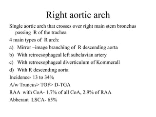 Right aortic arch
Single aortic arch that crosses over right main stem bronchus
passing R of the trachea
4 main types of R arch:
a) Mirror –image branching of R descending aorta
b) With retroesophageal left subclavian artery
c) With retroesophageal diverticulum of Kommerall
d) With R descending aorta
Incidence- 13 to 34%
A/w Truncus> TOF> D-TGA
RAA with CoA- 1.7% of all CoA, 2.9% of RAA
Abberant LSCA- 65%
 