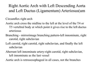 Right Aortic Arch with Left Descending Aorta
and Left Ductus (Ligamentum) Arteriosus(um
Circumflex right arch
Aortic arch cross the midline to the left at the level of the T4 or
T5 vertebral body at which point it gives rise to the left ductus
arteriosus
Branching - mirrorimage branching pattern-left innominate, right
carotid, right subclavian
Left carotid, right carotid, right subclavian, and finally the left
subclavian
Aberrant left innominate artery-right carotid, right subclavian,
left innominate as the last vessel
Aortic arch is retrooesophageal in all cases, not the branches
 