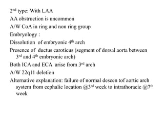 2nd type: With LAA
AA obstruction is uncommon
A/W CoA in ring and non ring group
Embryology :
Dissolution of embryonic 4th arch
Presence of ductus caroticus (segment of dorsal aorta between
3rd and 4th embryonic arch)
Both ICA and ECA arise from 3rd arch
A/W 22q11 deletion
Alternative explanation: failure of normal descen tof aortic arch
system from cephalic location @3rd week to intrathoracic @7th
week
 