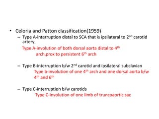 • Celoria and Patton classification(1959)
– Type A-interruption distal to SCA that is ipsilateral to 2nd carotid
artery
Type A-involution of both dorsal aorta distal to 4th
arch,prox to persistent 6th arch
– Type B-interruption b/w 2nd carotid and ipsilateral subclavian
Type b-involution of one 4th arch and one dorsal aorta b/w
4th and 6th
– Type C-interruption b/w carotids
Type C-involution of one limb of truncoaortic sac
 
