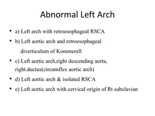 Abnormal Left Arch
• a) Left arch with retroesophageal RSCA
• b) Left aortic arch and retroesophageal
diverticulum of Kommerell
• c) Left aortic arch,right descending aorta,
right.ductus(circumflex aortic arch)
• d) Left aortic arch & isolated RSCA
• e) Left aortic arch with cervical origin of Rt subclavian
 