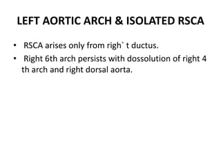 LEFT AORTIC ARCH & ISOLATED RSCA
• RSCA arises only from righ` t ductus.
• Right 6th arch persists with dossolution of right 4
th arch and right dorsal aorta.
 