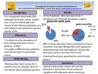 • Of the 9 patients, 56% had more than 3
symptoms and 75% had had bypass surgery
• 80% of those with pain had it controlled on liquid
morphine max dose 90mg/24hrs and adjuvants (
dexamethasone and amitriptyline). Showed by
decrease in pain score from 4/5 to 2/5
• 4 died without pain, peacefully by end of study
period
• control of pancreatic cancer pain can be
achieved in pancreatic cancer using oral
morphine with adjuvants when necessary.
MANAGING PAIN IN PANCREATIC CANCER: SHARING EXPERIENCES
By Dr Ludoviko Zirimenya ( Medical Officer ), Hospice Africa Uganda , lzirimenya@hospiceafrica.or.ug
•It is recognised world wide that
although pancreatic cancer maybe
rare, it causes unbearable pain.
•low cost and effective palliative care
interventions are needed to improve
quality of life
• To determine the prevalence of
pain among pancreatic cancer
patients at HAU
• To explore different pain palliative
care interventions in pancreatic
cancer
•Retrospective chart survey for 6
months from 1st October 2012 to
31st March 2013 yielding 9 patients.
Methodology
Objectives
Introduction
Conclusion
Results
 