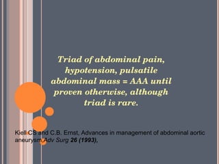 Triad of abdominal pain, hypotension, pulsatile abdominal mass = AAA until proven otherwise, although triad is rare. Kiell CS and C.B. Ernst, Advances in management of abdominal aortic aneurysm, Adv Surg  26 (1993) , 
