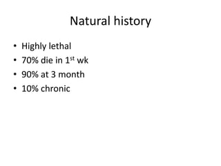 Natural history
• Highly lethal
• 70% die in 1st wk
• 90% at 3 month
• 10% chronic
 