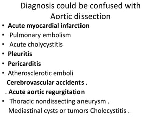 Diagnosis could be confused with
Aortic dissection
• Acute myocardial infarction
• Pulmonary embolism
• Acute cholycystitis
• Pleuritis
• Pericarditis
• Atherosclerotic emboli
Cerebrovascular accidents .
. Acute aortic regurgitation
• Thoracic nondissecting aneurysm .
Mediastinal cysts or tumors Cholecystitis .
 