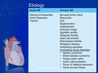 Etiology
Acute AR Chronic AR
Infective Endocarditis
Aortic Dissection
Trauma
Bicuspid Aortic Valve
Rheumatic
SLE
Degenerative
Hypertension
Anorectic drugs
Syphilitic aortitis
Takayasu Aortitis
Giant cell arteritis
Rheumatoid arthritis
Whipple’s disease
Ankylosing spodylitis
Connective tissue disorders
• Marfan syndrome
• Ehlers-Danlos syndrome
• Floppy aortic valve
• Aortic valve prolapse
• Sinus of Valsalva aneurysm
• Aortic annular fistulavitrag24-www.medicalgeek.com
 
