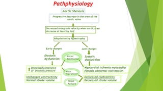 Pathphysiology
Aortic Stenosis
Progressive decrease in the area of the
aortic valve
Decreased antegrade velocity when aortic area
decrease at least by half
Adaptation by hypertrophy
Early changes Late changes
Diastolic
dysfunction
Systolic
dysfunction
Decreased compliance
LV Diastolic pressure
Myocardial ischemia myocardial
fibrosis abnormal wall motion
Unchanged contractility
Normal stroke volume
Decreased contractility
Decreased stroke volume
Atrial
fibrillation
Mitral
Regurgitation
Heart
Failure
 