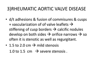 3)RHEUMATIC AORTIC VALVE DISEASE
• d/t adhesions & fusion of commisures & cusps
+ vascularization of of valve leaflets 
stiffening of cusp borders  calcific nodules
develop on both sides  orifice narrows  so
often it is stenotic as well as regurgitant.
• 1.5 to 2.0 cm  mild stenosis
1.0 to 1.5 cm  severe stenosis .
 