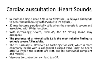 Cardiac auscultation :Heart Sounds
• S2 :soft and single since A2(due to Avclosure), is delayed and tends
to occur simultaneously with P2(due to PV closure).
• S2 may become paradoxically split when the stenosis is severe and
associated with LV dysfunction .
• With increasingly severe, fixed AS, the A2 closing sound may
disappear.
• The presence of a normal split S2 is the most reliable finding to
exclude severe AS in adults.
• The S1 is usually N. However, an aortic ejection click, which is more
commonly heard with a congenital bicuspid valve, may be heard
after S1 (when the leaflets are stiff, but still somewhat compliant
and mobile) .
• Vigorous LA contraction can lead to a S4.
 