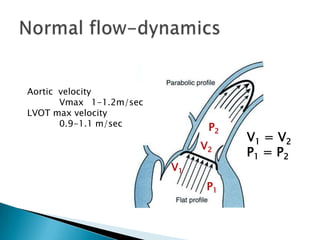 Normal flow-dynamicsAortic  velocity 	Vmax 	1-1.2m/secLVOT max velocity  	0.9-1.1 m/secP2V1 = V2P1 = P2V2V1P1