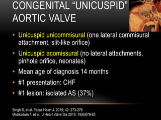 CONGENITAL “UNICUSPID”
AORTIC VALVE
•  Unicuspid unicommisural (one lateral commisural
attachment, slit-like orifice)
•  Unicuspid acomissural (no lateral attachments,
pinhole orifice, neonates)
•  Mean age of diagnosis 14 months
•  #1 presentation: CHF
•  #1 lesion: isolated AS (37%)
Singh S, et al. Texas Heart J. 2015; 42: 273-276
Mookadam F, et al. J Heart Valve Dis 2010; 19(6)678-83
 