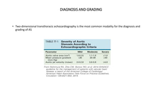 DIAGNOSIS AND GRADING
• Two-dimensional transthoracic echocardiography is the most common modality for the diagnosis and
grading of AS
 