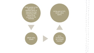 Atrial systole is the
last part of
diastole which is
required for the
remaining 30%
blood to be
pushed to the
ventricle.
Mitral valve
closes
LV is
contracting
as a closed
chamber
At the end of IVC,
Aortic valve
opens.
 