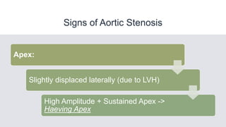 Signs of Aortic Stenosis
Apex:
Slightly displaced laterally (due to LVH)
High Amplitude + Sustained Apex ->
Haeving Apex
 