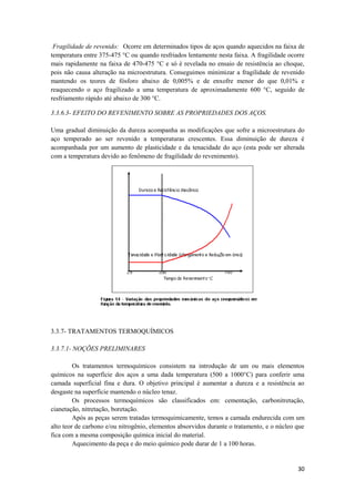 Fragilidade de revenido: Ocorre em determinados tipos de aços quando aquecidos na faixa de
temperatura entre 375-475 °C ou quando resfriados lentamente nesta faixa. A fragilidade ocorre
mais rapidamente na faixa de 470-475 °C e só é revelada no ensaio de resistência ao choque,
pois não causa alteração na microestrutura. Conseguimos minimizar a fragilidade de revenido
mantendo os teores de fósforo abaixo de 0,005% e de enxofre menor do que 0,01% e
reaquecendo o aço fragilizado a uma temperatura de aproximadamente 600 °C, seguido de
resfriamento rápido até abaixo de 300 °C.

3.3.6.3- EFEITO DO REVENIMENTO SOBRE AS PROPRIEDADES DOS AÇOS.

Uma gradual diminuição da dureza acompanha as modificações que sofre a microestrutura do
aço temperado ao ser revenido a temperaturas crescentes. Essa diminuição de dureza é
acompanhada por um aumento de plasticidade e da tenacidade do aço (esta pode ser alterada
com a temperatura devido ao fenômeno de fragilidade do revenimento).




3.3.7- TRATAMENTOS TERMOQUÍMICOS

3.3.7.1- NOÇÕES PRELIMINARES

         Os tratamentos termoquímicos consistem na introdução de um ou mais elementos
químicos na superfície dos aços a uma dada temperatura (500 a 1000°C) para conferir uma
camada superficial fina e dura. O objetivo principal é aumentar a dureza e a resistência ao
desgaste na superfície mantendo o núcleo tenaz.
         Os processos termoquímicos são classificados em: cementação, carbonitretação,
cianetação, nitretação, boretação.
         Após as peças serem tratadas termoquimicamente, temos a camada endurecida com um
alto teor de carbono e/ou nitrogênio, elementos absorvidos durante o tratamento, e o núcleo que
fica com a mesma composição química inicial do material.
         Aquecimento da peça e do meio químico pode durar de 1 a 100 horas.


                                                                                            30
 