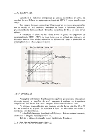 3.3.7.2- CEMENTAÇÃO.

         Cementação é o tratamento termoquímico que consiste na introdução de carbono na
superfície dos aços de baixo teor de carbono, geralmente até 0,25 % C, com ou sem elementos
de liga.
         Este processo é seguido geralmente por têmpera, que tem seu sucesso proporcional ao
teor de carbono do local temperado, obtendo-se na camada o constituinte martensita,
proporcionando alta dureza superficial e deixando o núcleo tenaz devido ao seu baixo teor de
carbono.
         A cementação se realiza em meio sólido, líquido ou gasoso em temperaturas de
austenização entre 825°C e 950°C. A figura abaixo pode ser utilizada para operadores de
tratamento térmico como valores estimativos de profundidade, tempo e temperatura de
cementação em meios sólidos, líquido ou gasoso.




3.3.7.3- NITRETAÇÃO.

        Nitretação é um tratamento de endurecimento superficial que consiste na introdução de
nitrogênio atômico na superfície do aço.O tratamento é realizado em temperaturas
compreendidas entre 500 e 570 °C, onde o nitrogênio atômico se difunde na fase ferrita.
        As principais propriedades dos aços nitretados são: alta dureza superficial (86 a 70
HRC) e resistência ao desgaste, alta resistência à fadiga, alta estabilidade dimensional e
resistência à corrosão melhorada.
        A profundidade da camada nitretada depende do tempo e da temperatura de tratamento,
da atividade do nitrogênio e da composição do aço.
        Três são os métodos de nitretação: gasoso, líquido (banho de sal) e pó.

3.3.8- ENDURECIMENTO POR PRECIPITAÇÃO



                                                                                          31
 