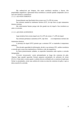 São endureciveis por têmpera, têm maior resistência mecânica e dureza, têm
propriedades magnéticas e apresentam baixa resistência a corrosão quando comparados com os
aços inox ferriticos e austeniticos
2.1.3.2- AÇO INOX FERRITICO

         Essencialmente uma liga binária ferro-cromo com 12 a 30% de cromo.
         Sua estrutura mantém-se totalmente ferritica (CCC, do tipo ferro α) após tratamentos
térmicos normais.
         São relativamente baratos porque não têm grande teor de níquel e boa resistência ao
calor e à corrosão.

2.1.3.3- AÇO INOX AUSTENITICO

       Ligas ternárias ferro-cromo-niquel com 16 a 25% de cromo e 7 a 20% de níquel.
       Sua estrutura permanece austenitica (CFC, tipo ferro    ) às temperaturas normais dos
tratamentos térmicos.
        A presença do níquel (CFC) permite que a estrutura CFC se mantenha à temperatura
ambiente.
        Têm elevada capacidade de deformação, devido a sua estrutura CFC, melhor resistência
a corrosão que os aços inox martensiticos e ferriticos e não são magnéticos.
        Se forem posteriormente soldados, ou aquecidos lentamente estão sujeitos a corrosão
intergranular.
        Corrosão intergranular: ocorre principalmente ao longo dos contornos de grão.
Algumas ligas quando aquecidas formam pequenos precipitados de carboneto de cromo
(Cr23C6). Como tanto o cromo quanto o carbono devem se difundir até os contornos de grão para
formar os precipitados, existe uma carência de cromo na zona dos contornos de grão, o que as
deixa suscetível a corrosão.




                                                                                           6
 