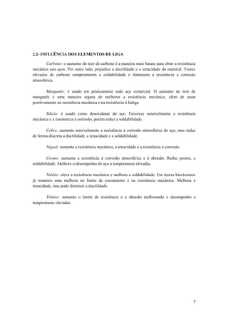 2.2- INFLUÊNCIA DOS ELEMENTOS DE LIGA

       Carbono: o aumento do teor de carbono é a maneira mais barata para obter a resistência
mecânica nos aços. Por outro lado, prejudica a ductilidade e a tenacidade do material. Teores
elevados de carbono comprometem a soldabilidade e diminuem a resistência a corrosão
atmosférica.

        Manganês: é usado em praticamente todo aço comercial. O aumento do teor de
manganês é uma maneira segura de melhorar a resistência mecânica, além de atuar
positivamente na resistência mecânica e na resistência à fadiga.

       Silício: é usado como desoxidante do aço. Favorece sensivelmente a resistência
mecânica e a resistência à corrosão, porém reduz a soldabilidade.

       Cobre: aumenta sensivelmente a resistência à corrosão atmosférica do aço, mas reduz
de forma discreta a ductilidade, a tenacidade e a soldabilidade.

       Níquel: aumenta a resistência mecânica, a tenacidade e a resistência à corrosão.

        Cromo: aumenta a resistência à corrosão atmosférica e à abrasão. Reduz porém, a
soldabilidade. Melhora o desempenho do aço a temperaturas elevadas.

        Nióbio: eleva a resistência mecânica e melhora a soldabilidade. Em teores baixíssimos
já notamos uma melhora no limite de escoamento e na resistência mecânica. Melhora a
tenacidade, mas pode diminuir a ductilidade.

       Titânio: aumenta o limite de resistência e a abrasão melhorando o desempenho a
temperaturas elevadas.




                                                                                           7
 