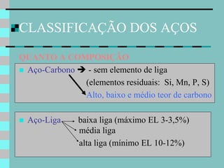 CLASSIFICAÇÃO DOS AÇOS

QUANTO A COMPOSIÇÃO
 Aço-Carbono  - sem elemento de liga
               (elementos residuais: Si, Mn, P, S)
               Alto, baixo e médio teor de carbono

   Aço-Liga   baixa liga (máximo EL 3-3,5%)
               média liga
               alta liga (mínimo EL 10-12%)
 