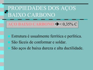 PROPIEDADES DOS AÇOS
BAIXO CARBONO
AÇO BAIXO CARBONO < 0,35% C

 Estrutura é usualmente ferrítica e perlítica.
 São fáceis de conformar e soldar.
 São aços de baixa dureza e alta ductilidade.
 