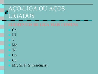 AÇO-LIGA OU AÇOS
LIGADOS
ELEMENTOS DE LIGA MAIS COMUNS
 Cr
 Ni
 V
 Mo
 W
 Co
 Cu
 Mn, Si, P, S (residuais)
 