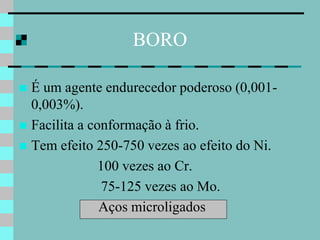 BORO

 É um agente endurecedor poderoso (0,001-
  0,003%).
 Facilita a conformação à frio.
 Tem efeito 250-750 vezes ao efeito do Ni.
               100 vezes ao Cr.
               75-125 vezes ao Mo.
               Aços microligados
 