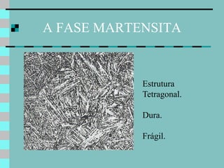A FASE MARTENSITA


            Estrutura
            Tetragonal.

            Dura.

            Frágil.
 