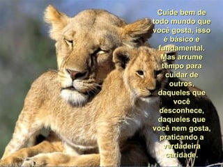 Cuide bem de todo mundo que você gosta, isso é básico e fundamental. Mas arrume tempo para cuidar de outros, daqueles que você desconhece, daqueles que você nem gosta, praticando a verdadeira caridade. 