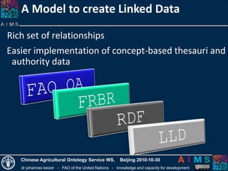 dr johannes keizer - FAO of the United Nations - knowledge and capacity for development
Chinese Agricultural Ontology Service WS, Beijing 2010-10-30
A Model to create Linked Data
Rich set of relationships
Easier implementation of concept-based thesauri and
authority data
 