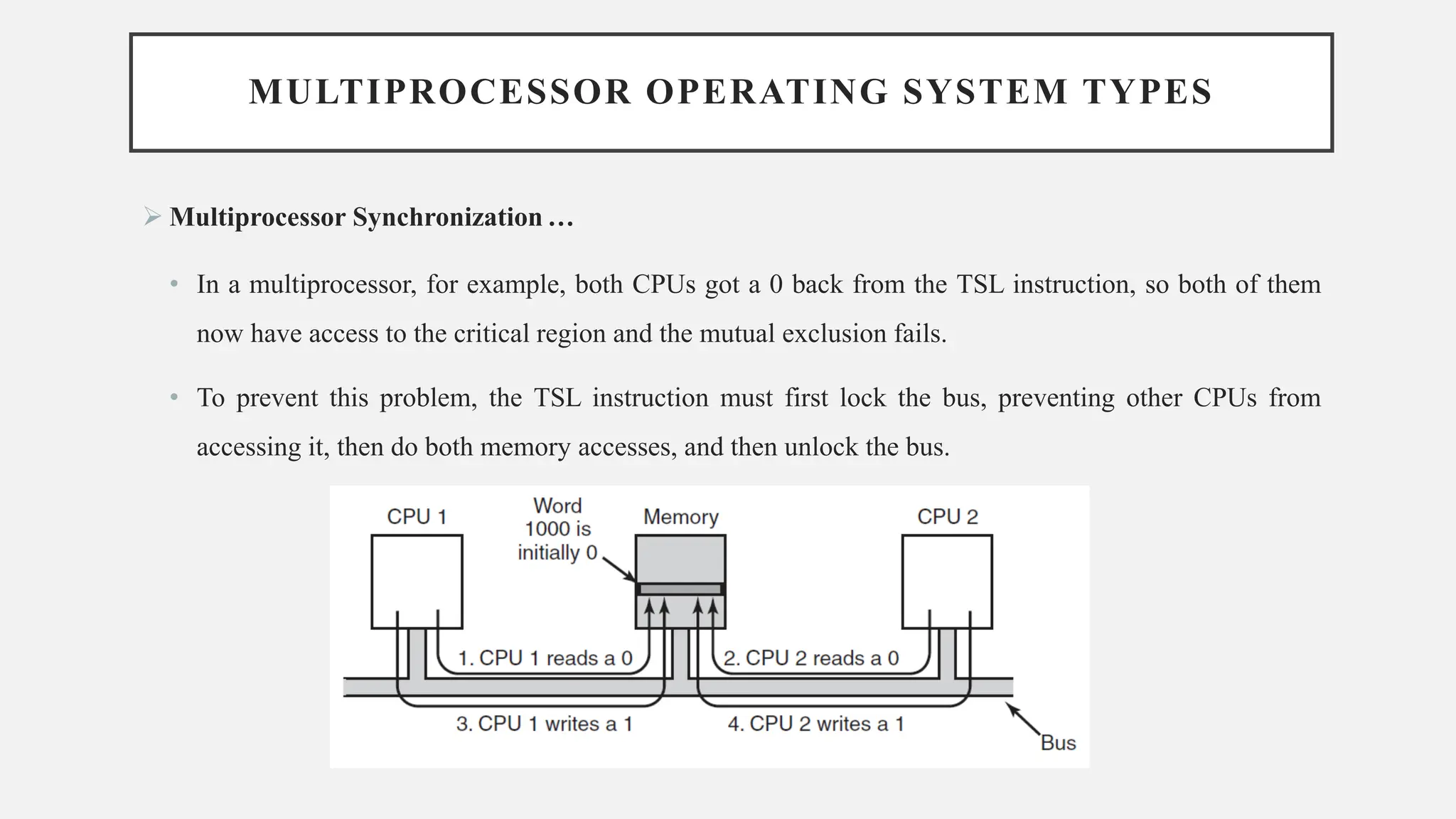 MULTIPROCESSOR OPERATING SYSTEM TYPES
➢ Multiprocessor Synchronization …
• In a multiprocessor, for example, both CPUs got a 0 back from the TSL instruction, so both of them
now have access to the critical region and the mutual exclusion fails.
• To prevent this problem, the TSL instruction must first lock the bus, preventing other CPUs from
accessing it, then do both memory accesses, and then unlock the bus.
 