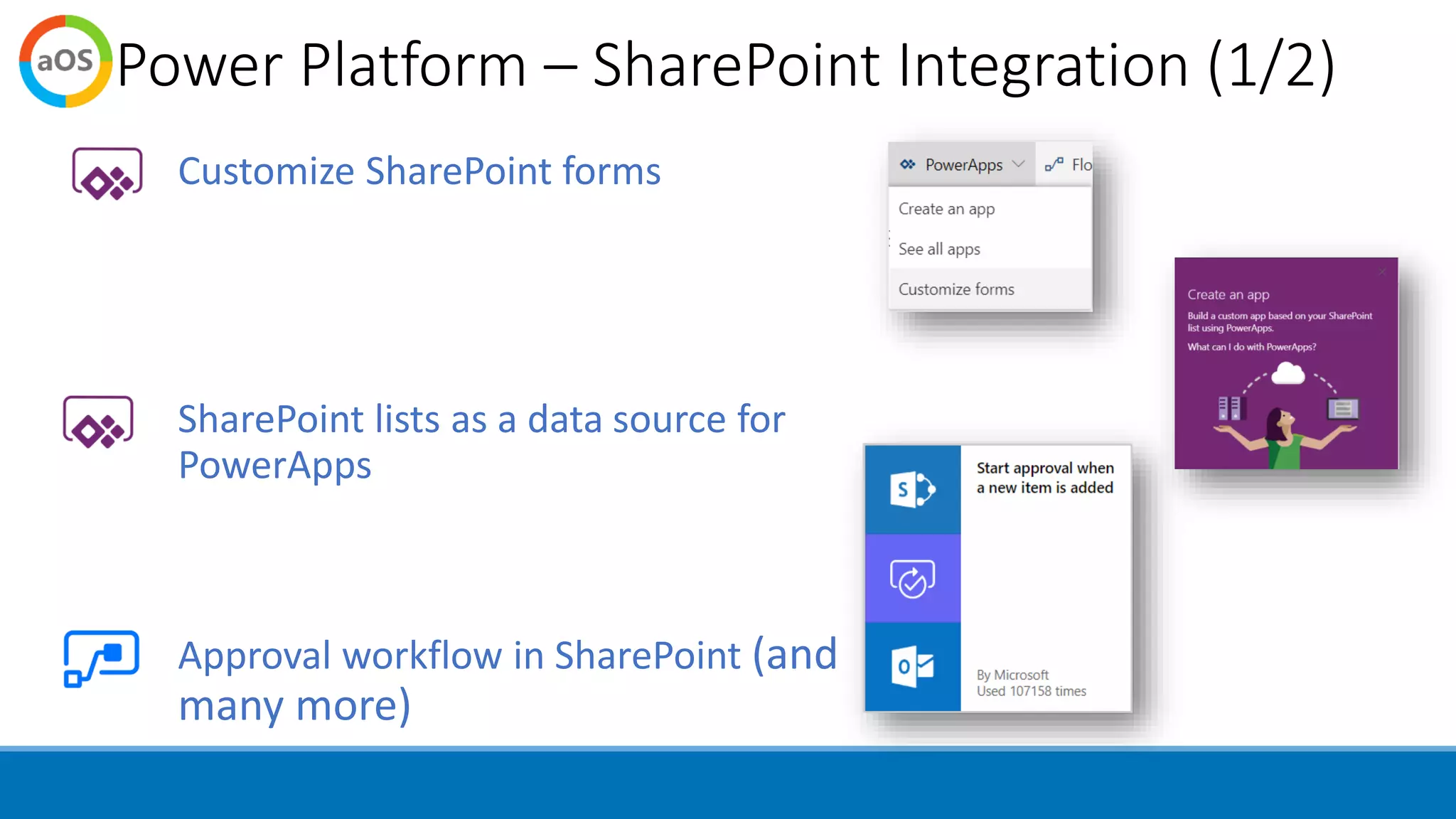 Power Platform – SharePoint Integration (1/2)
Customize SharePoint forms
SharePoint lists as a data source for
PowerApps
Approval workflow in SharePoint (and
many more)
 