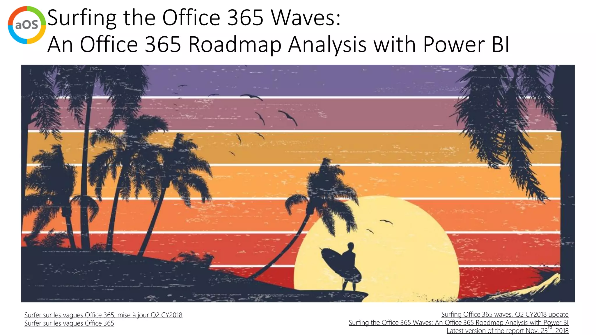 Surfing the Office 365 Waves:
An Office 365 Roadmap Analysis with Power BI
Surfing Office 365 waves, Q2 CY2018 update
Surfing the Office 365 Waves: An Office 365 Roadmap Analysis with Power BI
Latest version of the report Nov. 23
rd
, 2018
Surfer sur les vagues Office 365, mise à jour Q2 CY2018
Surfer sur les vagues Office 365
 