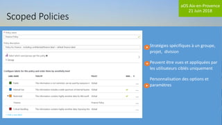 aOS Aix-en-Provence
21 Juin 2018
Scoped Policies
Stratégies spécifiques à un groupe,
projet, division
Peuvent être vues et appliquées par
les utilisateurs ciblés uniquement
Personnalisation des options et
paramètres
 