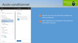 aOS Aix-en-Provence
21 Juin 2018
Sécuriser les accès à des documents protégés avec
l’accès conditionnel
Cibler l’application du marketplace “Microsoft Azure
Information Protection”
Accès conditionnel
 